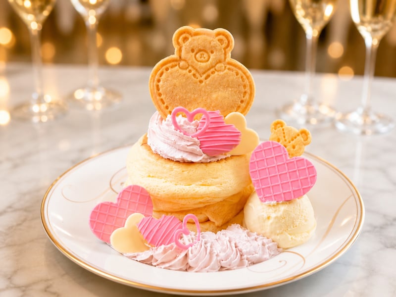 推し活パンケーキ プレミアム — 推しカラーのクリームとくまプレートクッキーの豪華盛り